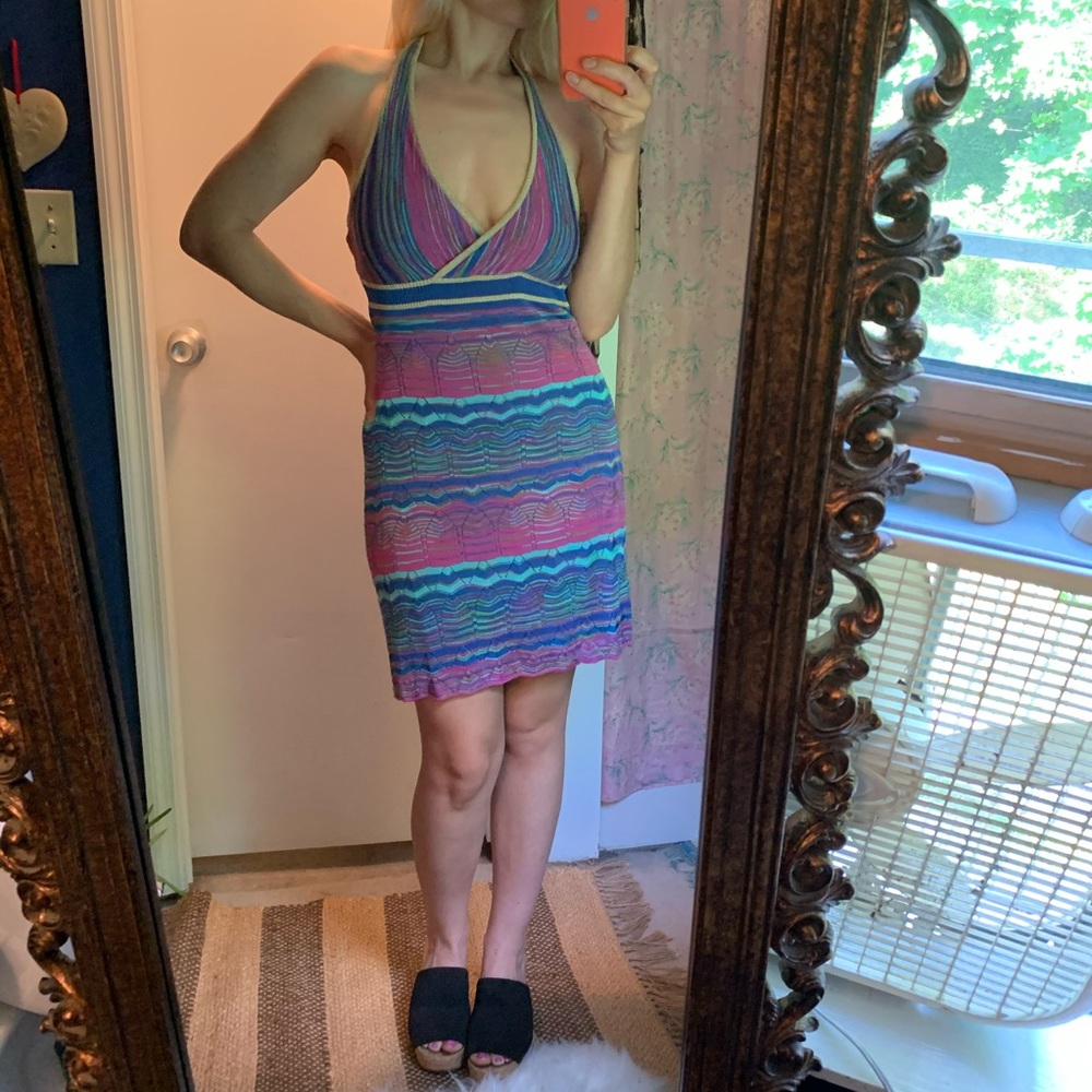 90s Guess Knit Halter Dress Metallic Purple Blue